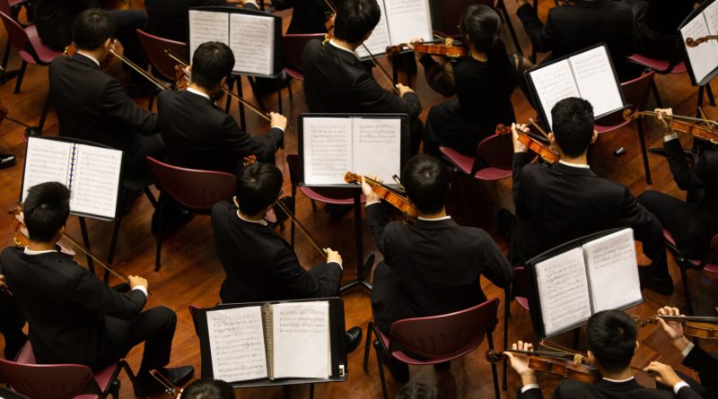 Un orchestre de violonistes.